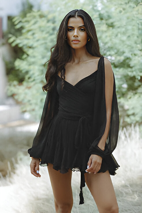 Deep V-Neck Tie Waist Cape Sleeve Ruffle Mini Summer Dress - View 4