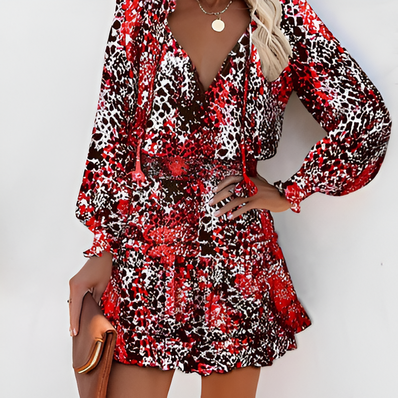 Leopard V-Neck Long Sleeve Smocked Waist Tiered Ruffle Mini Dress - View 4