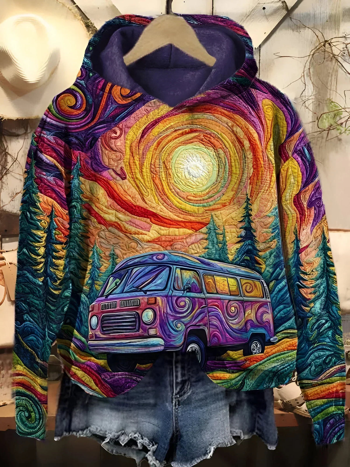 Campervan Print Drawstring Hooded Sweatshirt