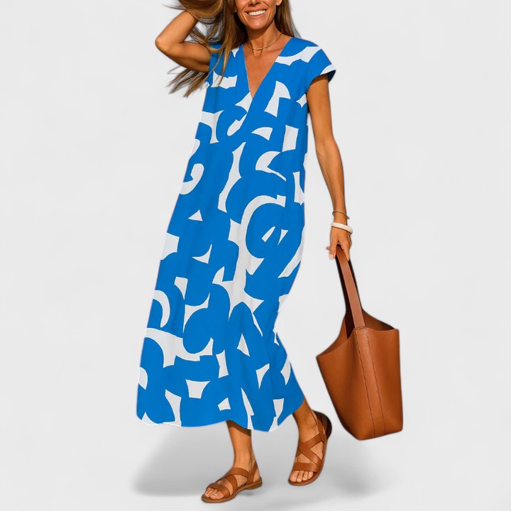 Geometric Print V-Neck Cap Sleeve A-Line Maxi Dress 7