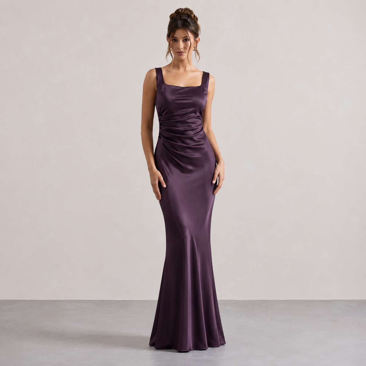 Square Neck Ruched Satin Fishtail Maxi Dress 7