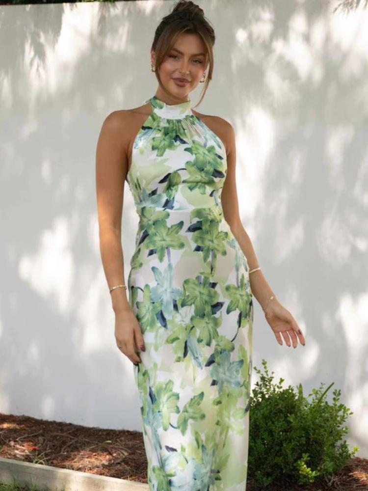 Satin Floral Print Halter Neck Backless High Split Maxi Dress - View 3