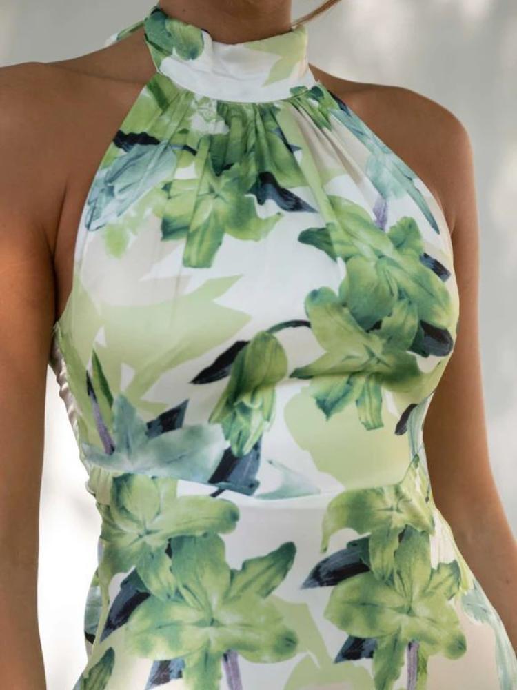 Satin Floral Print Halter Neck Backless High Split Maxi Dress in Green - View 6