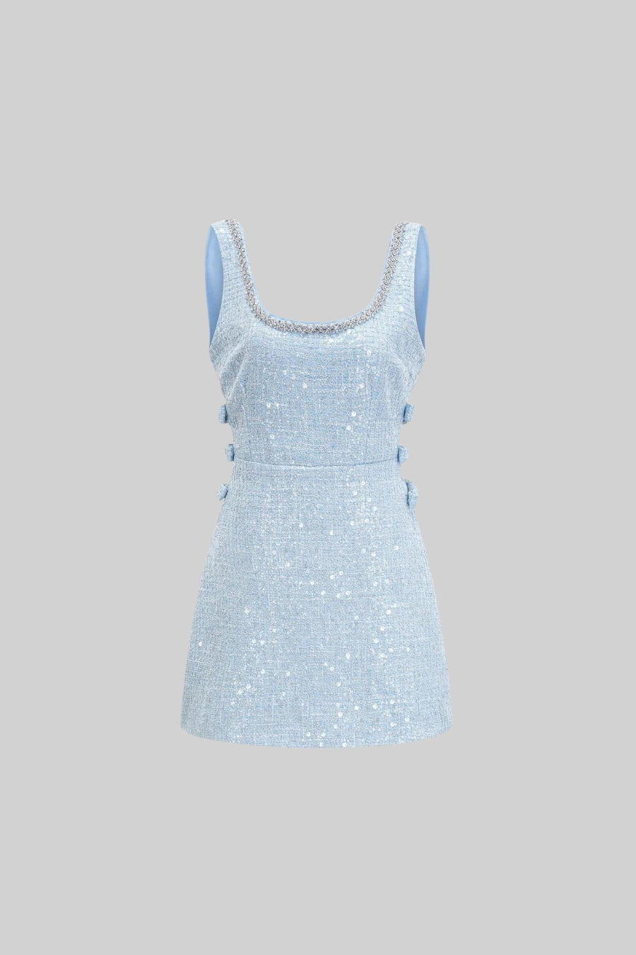 Sleeveless Sequin Tweed Bow Detail Rhinestone Trim A-Line Mini Dress