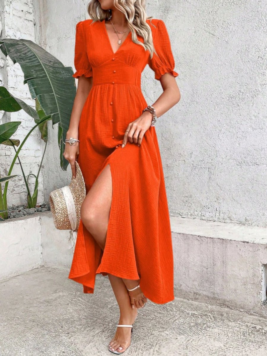 Deep V-Neck Short Puff Sleeve Button Front Crinkled Midi Dress - View 4