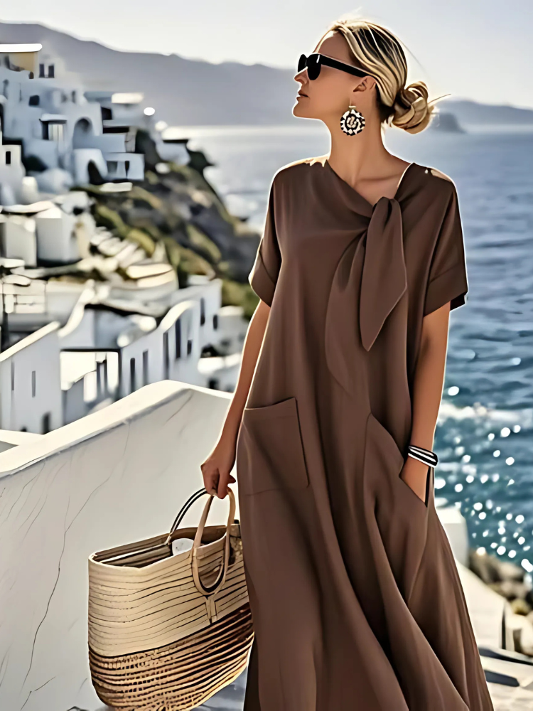 Tie Neck Short Sleeve Patch Pocket Loose Midi Dress 5