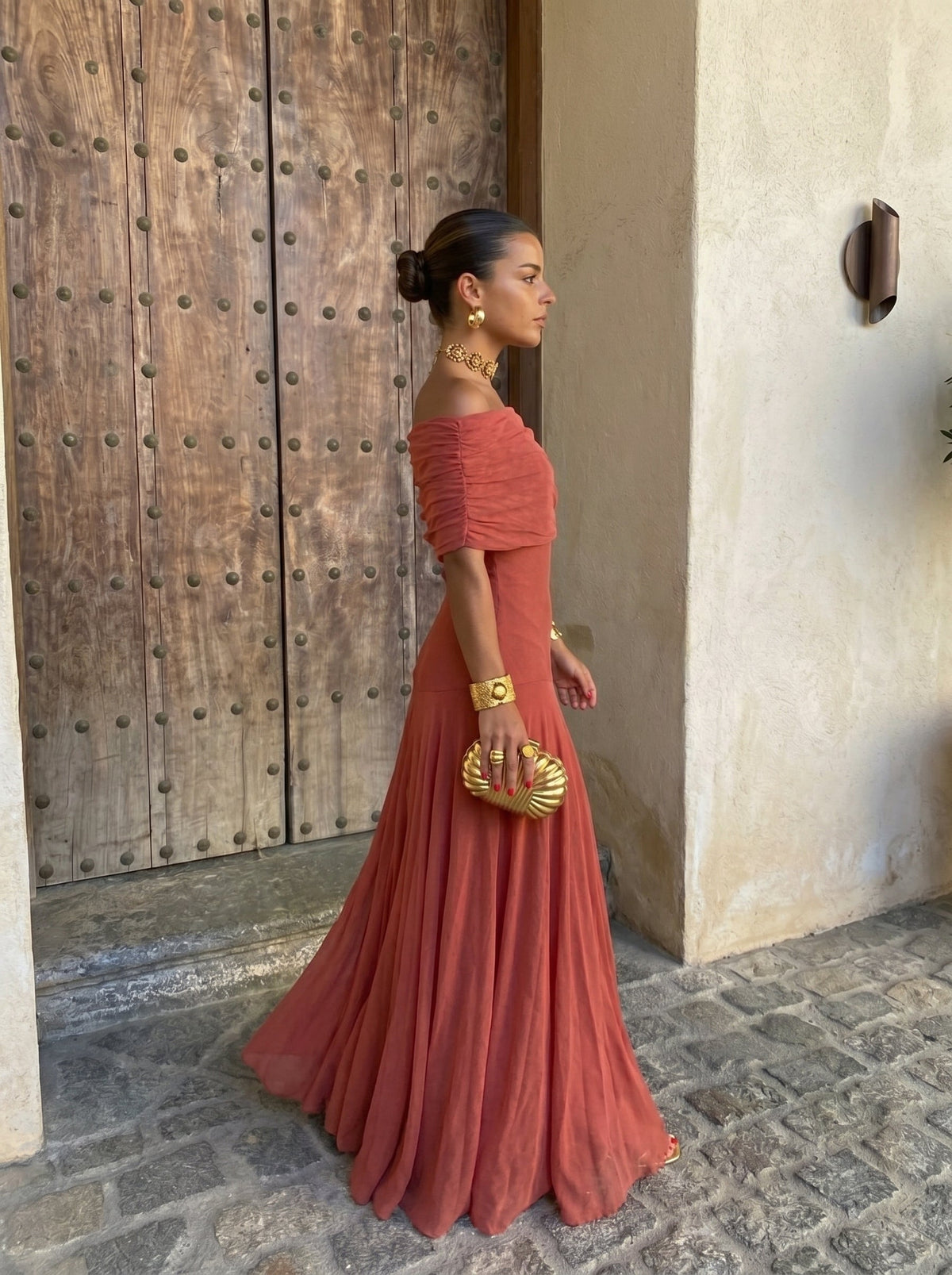Off Shoulder Ruched Draped Fit and Flare Maxi Dress 3