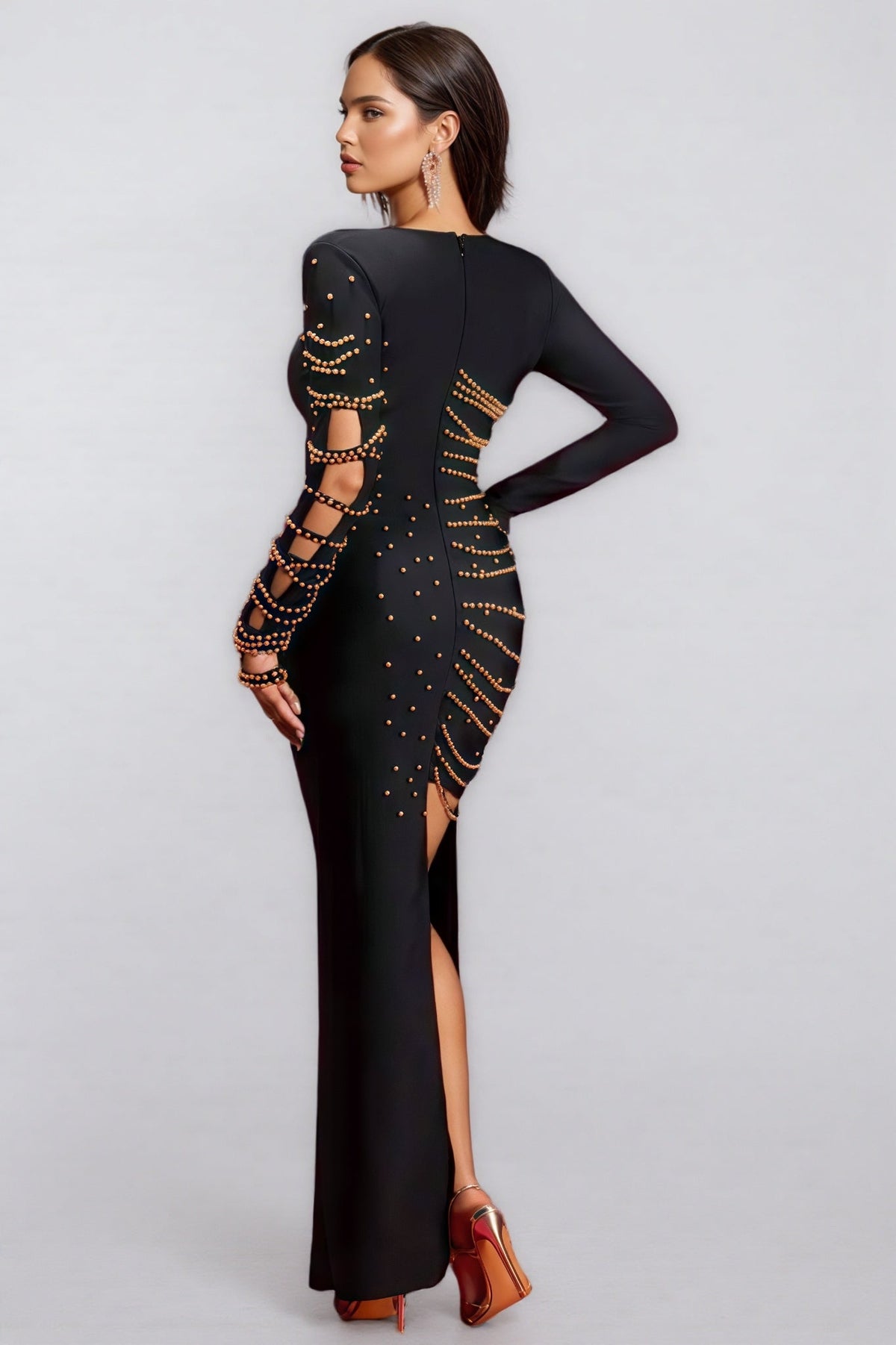 Rhinestone Stud Deep V Neck Ladder Strap Cut Out Maxi Gown - View 5
