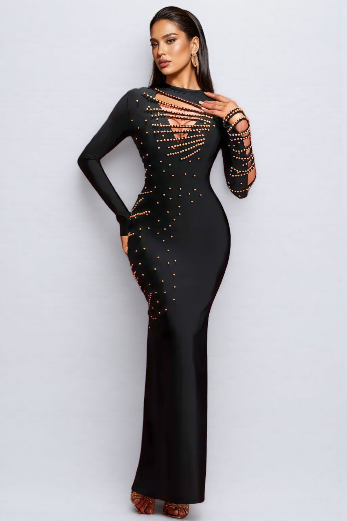 Rhinestone Stud Deep V Neck Ladder Strap Cut Out Maxi Gown - View 4