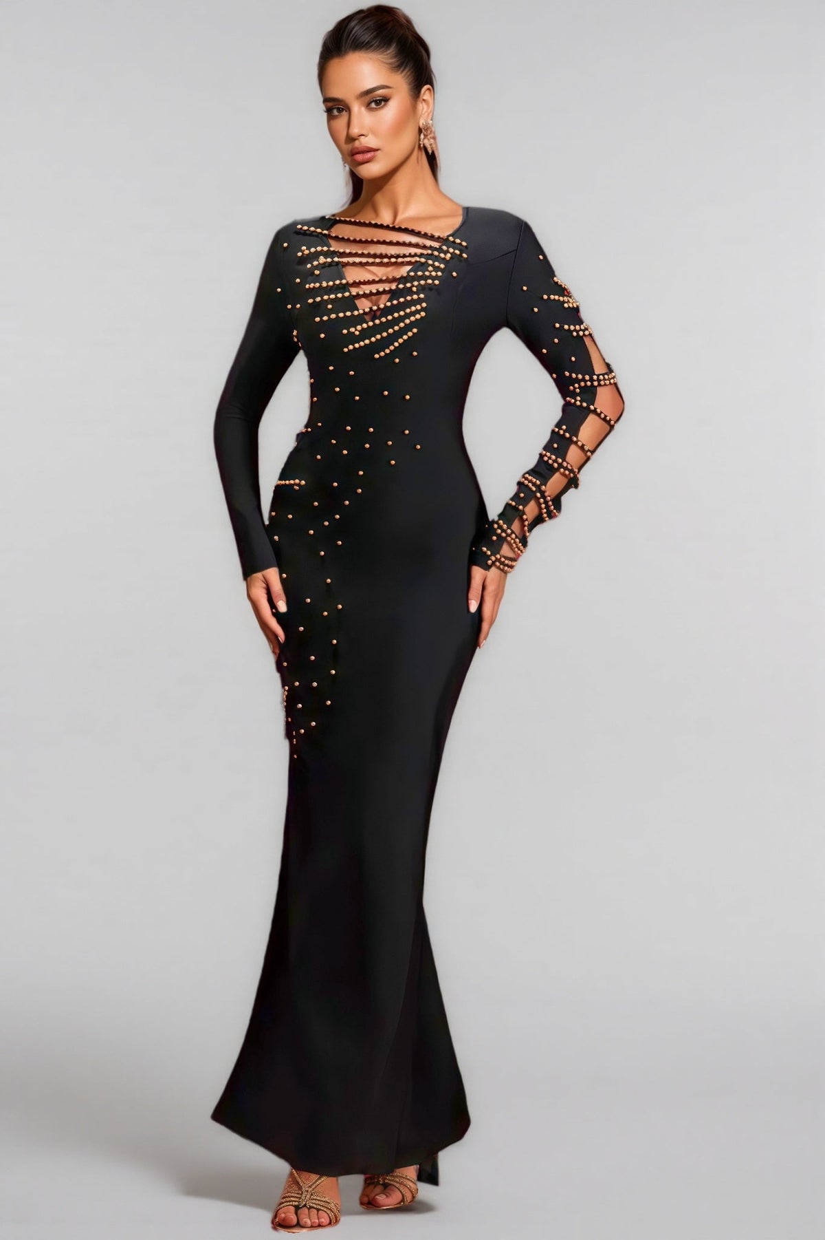 Rhinestone Stud Deep V Neck Ladder Strap Cut Out Maxi Gown - View 2