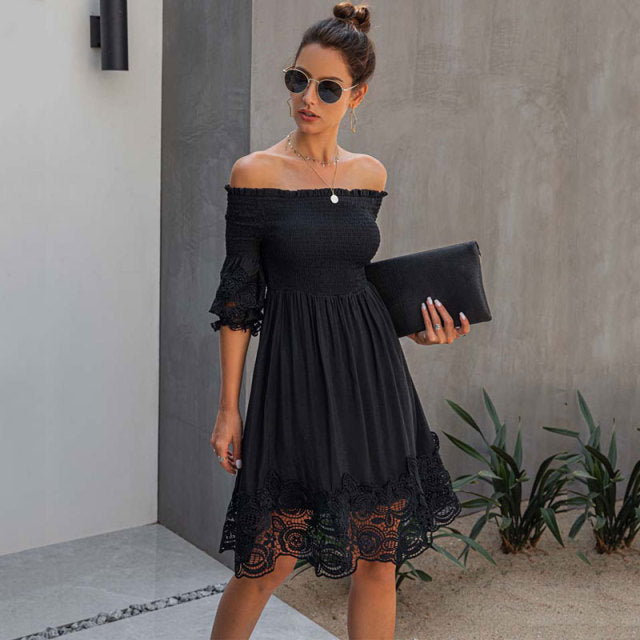 Off Shoulder Smocked Lace Hem Fit and Flare Mini Dress 4