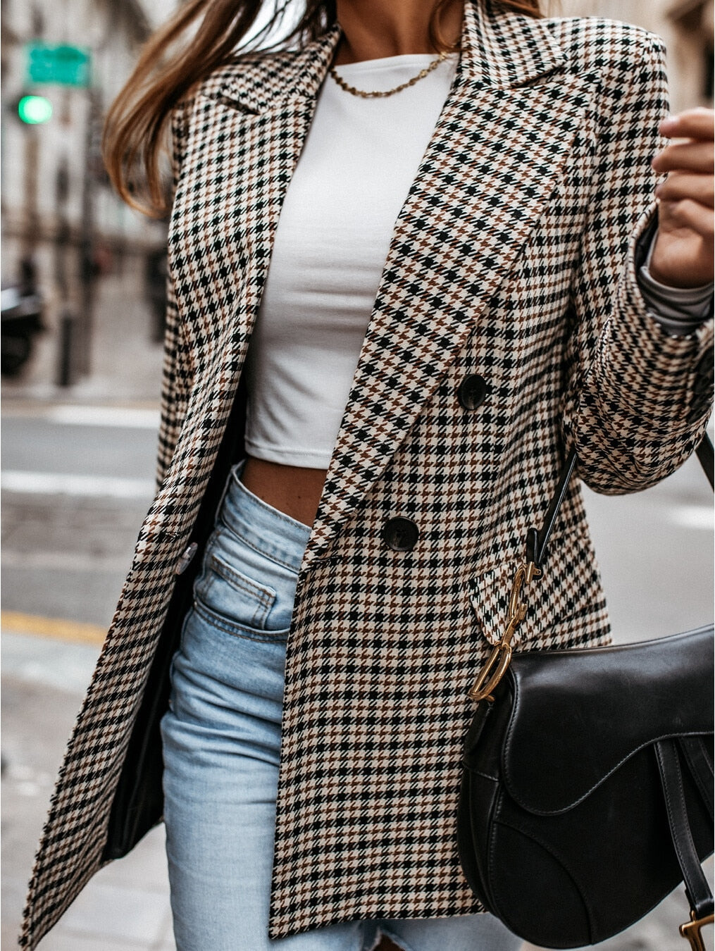 Houndstooth Double Breasted Notched Collar Blazer 2