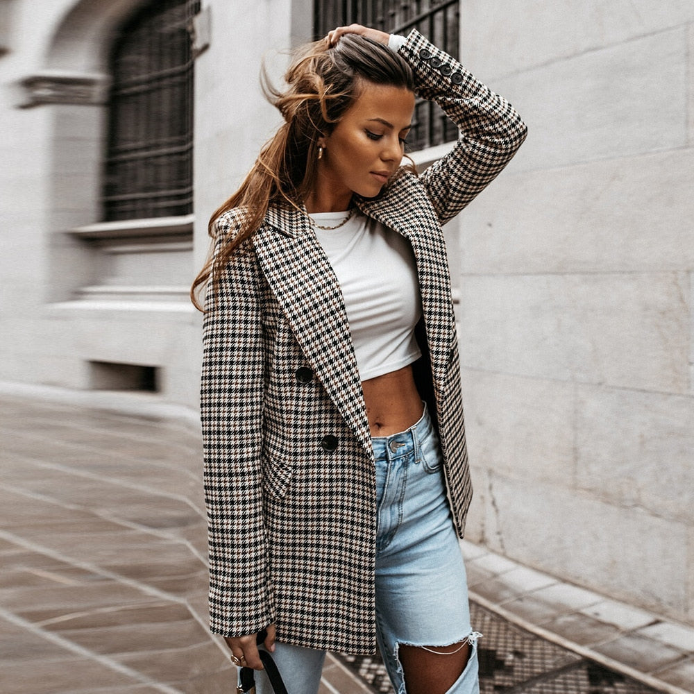 Houndstooth Double Breasted Notched Collar Blazer 3