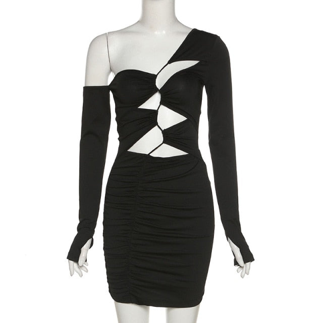 One Shoulder Long Sleeve Ruched Bodycon Mini Dress 4