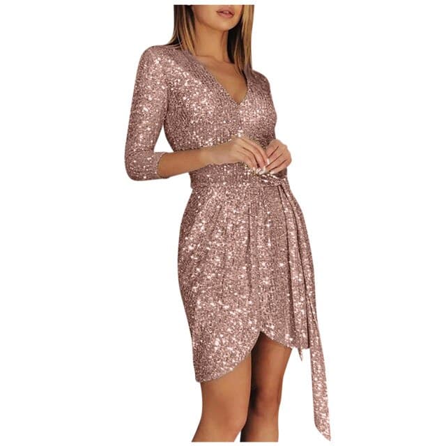 Sequin V-Neck 3/4 Sleeve Wrap Ruched Bodycon Mini Dress - View 2