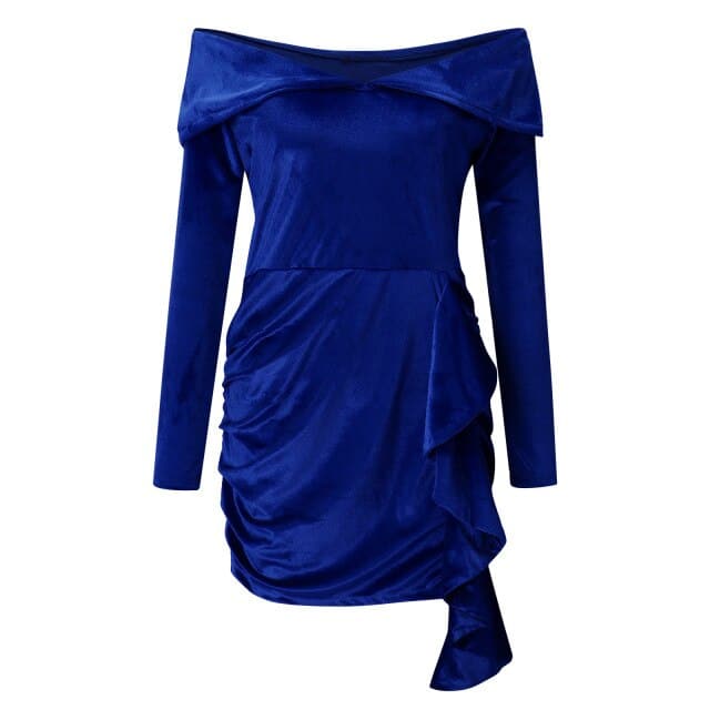 Velvet Off Shoulder Long Sleeve Ruched Bodycon Mini Dress in Blue - View 3