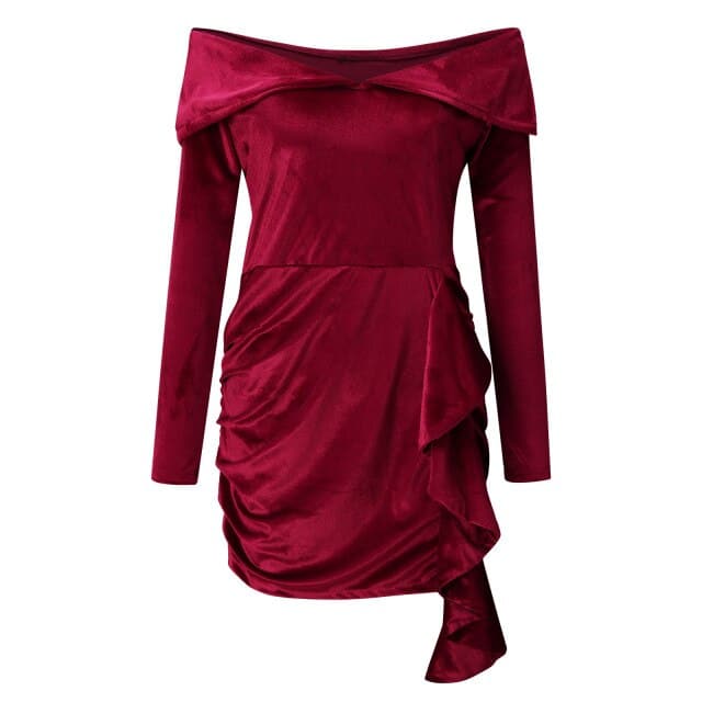 Velvet Off Shoulder Long Sleeve Ruched Bodycon Mini Dress in Blue - View 4