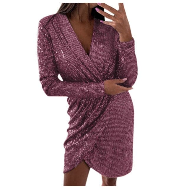 Sequin Deep V-Neck Long Sleeve Surplice Wrap Ruched Bodycon Mini Dress - View 7