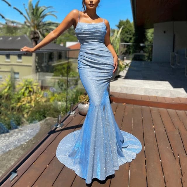 Glitter Spaghetti Strap Ruched Mermaid Maxi Dress - View 4