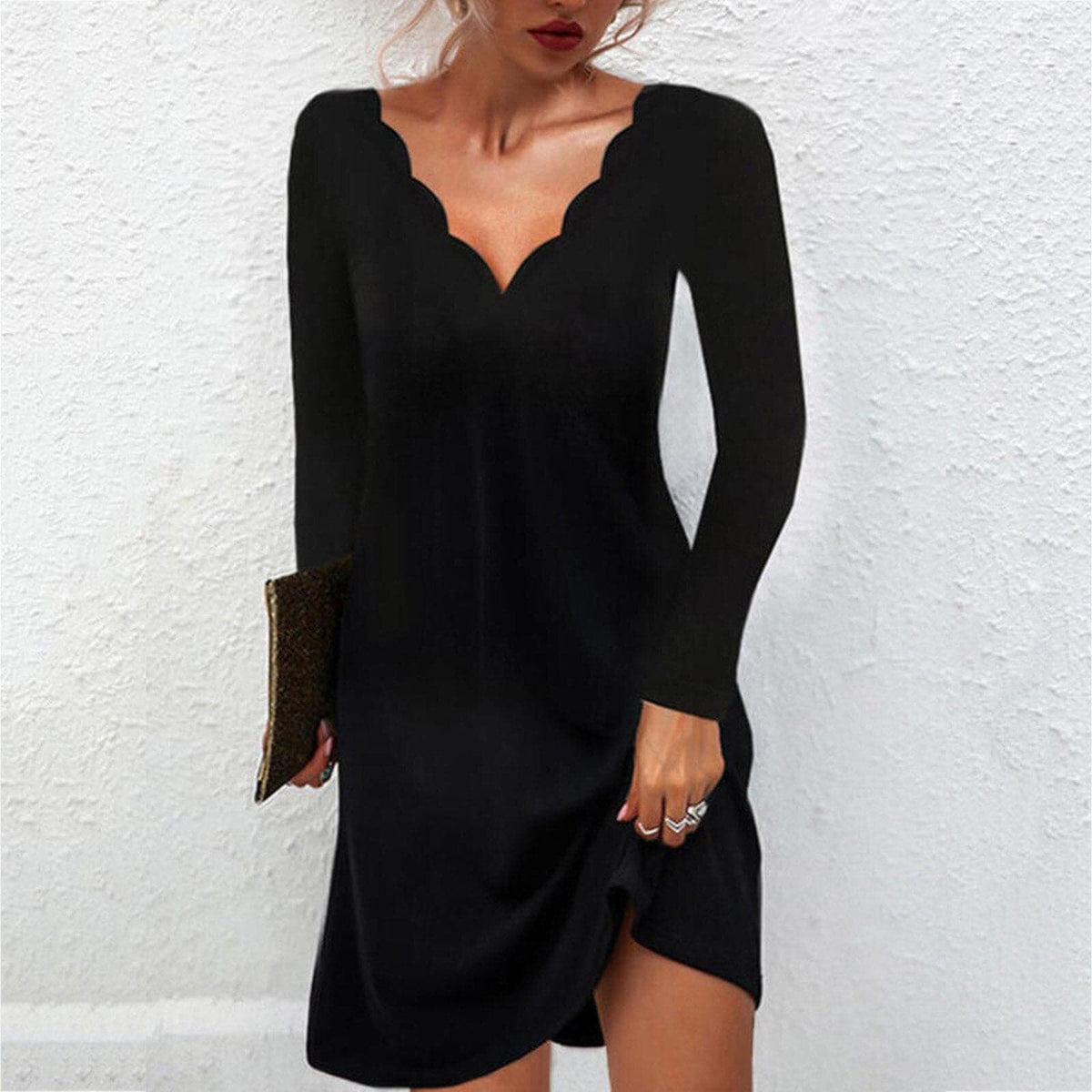 Knit Scalloped V-Neck Long Sleeve Mini Dress