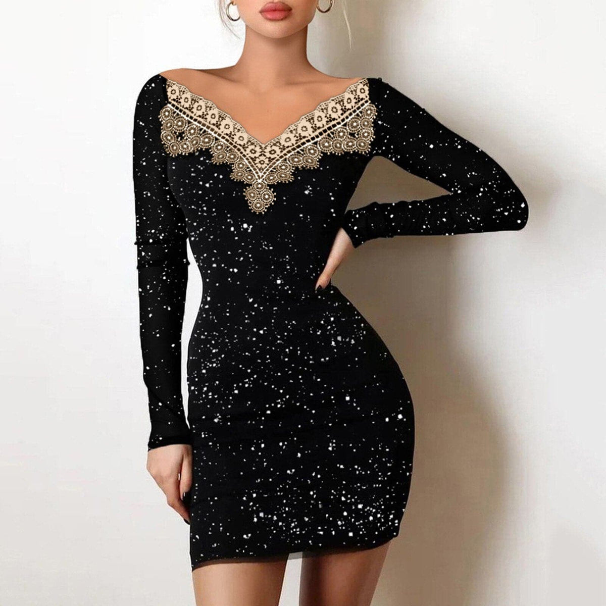 V-Neck Long Sleeve Lace Trim Glitter Bodycon Mini Dress