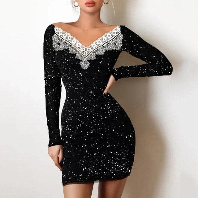 V-Neck Long Sleeve Lace Trim Glitter Bodycon Mini Dress 4