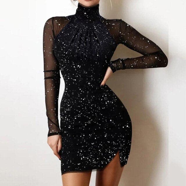 V-Neck Long Sleeve Lace Trim Glitter Bodycon Mini Dress 3