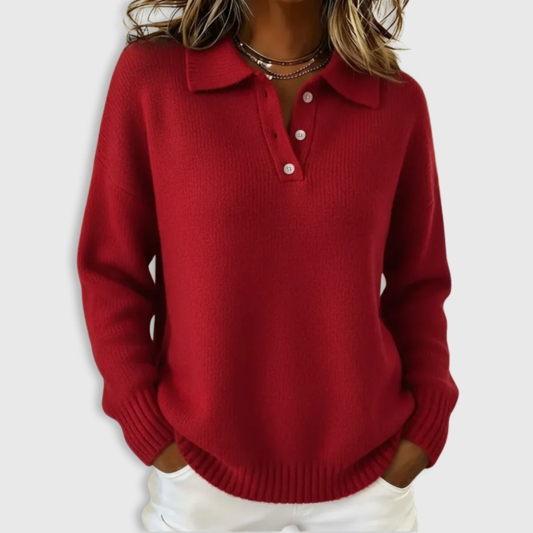 Collared Button Placket Long Sleeve Knit Sweater