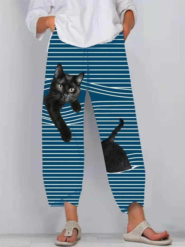 Cat Stripe Print Elastic Waist Pocket Tapered Pants 2