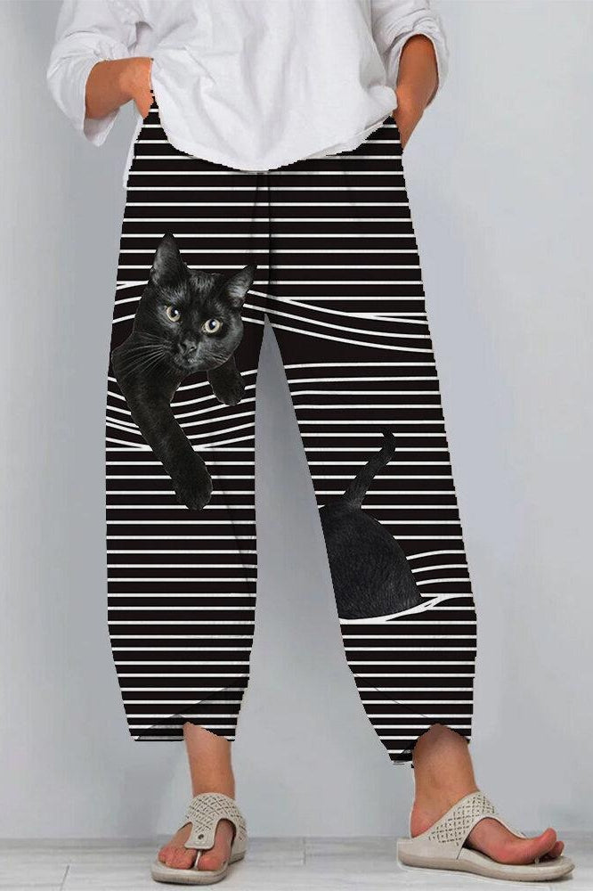 Cat Stripe Print Elastic Waist Pocket Tapered Pants
