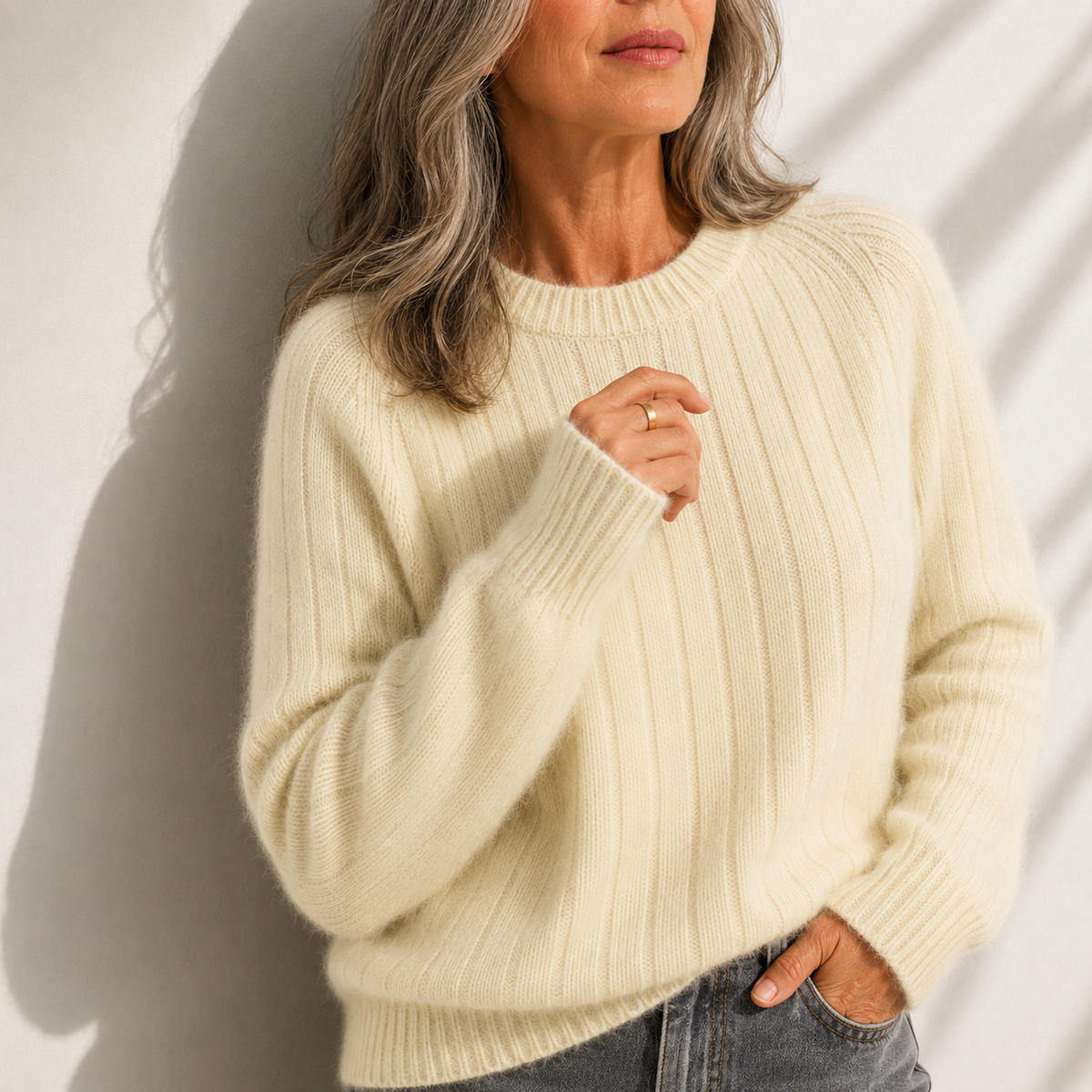 Crew Neck Ribbed Fuzzy Knit Sweater 6