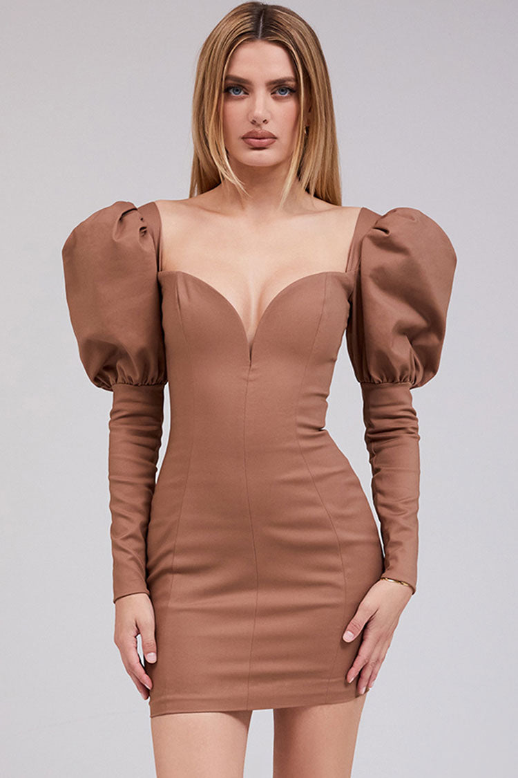Puff Sleeve Deep V-Neck Bodycon Party Mini Dress