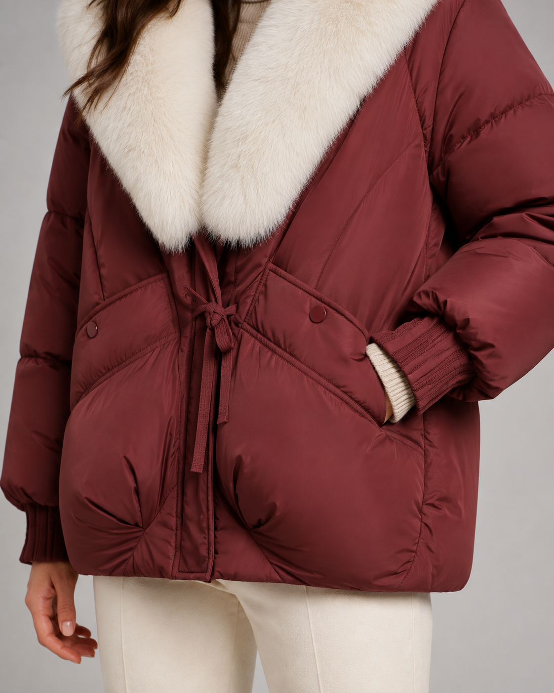 Faux Fur Shawl Collar Drawstring Waist Puffer Jacket 4