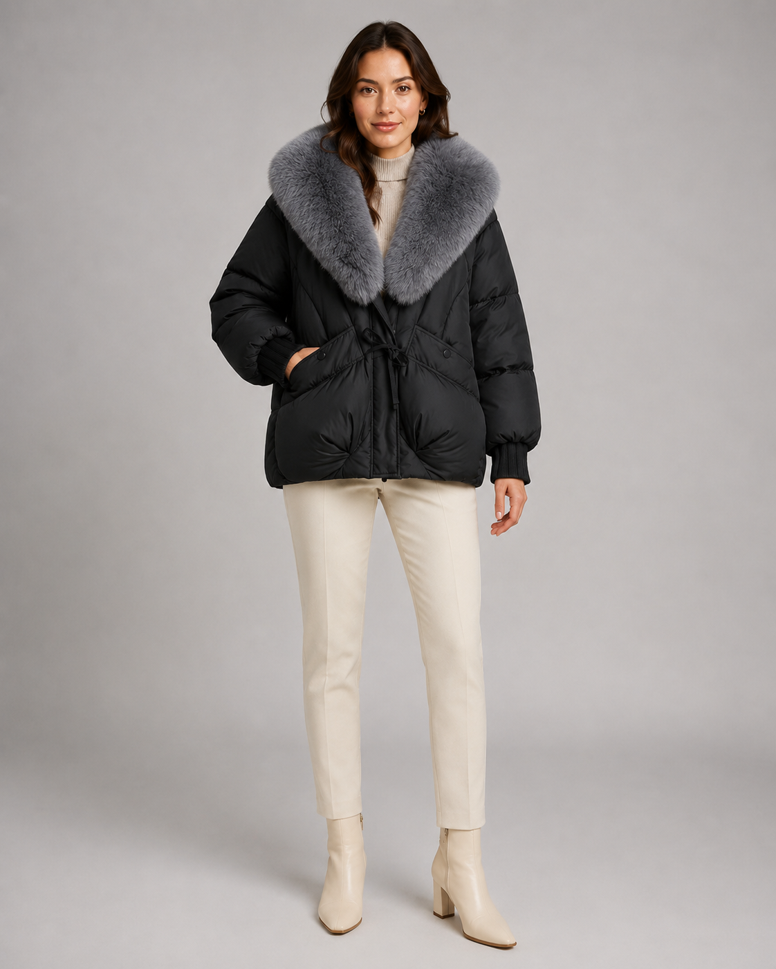 Faux Fur Shawl Collar Drawstring Waist Puffer Jacket 6
