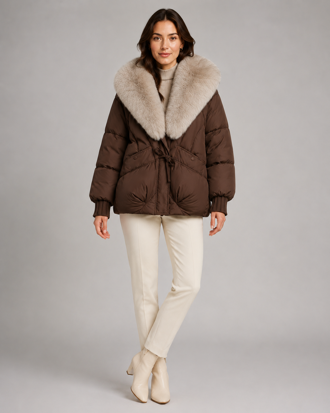 Faux Fur Shawl Collar Drawstring Waist Puffer Jacket