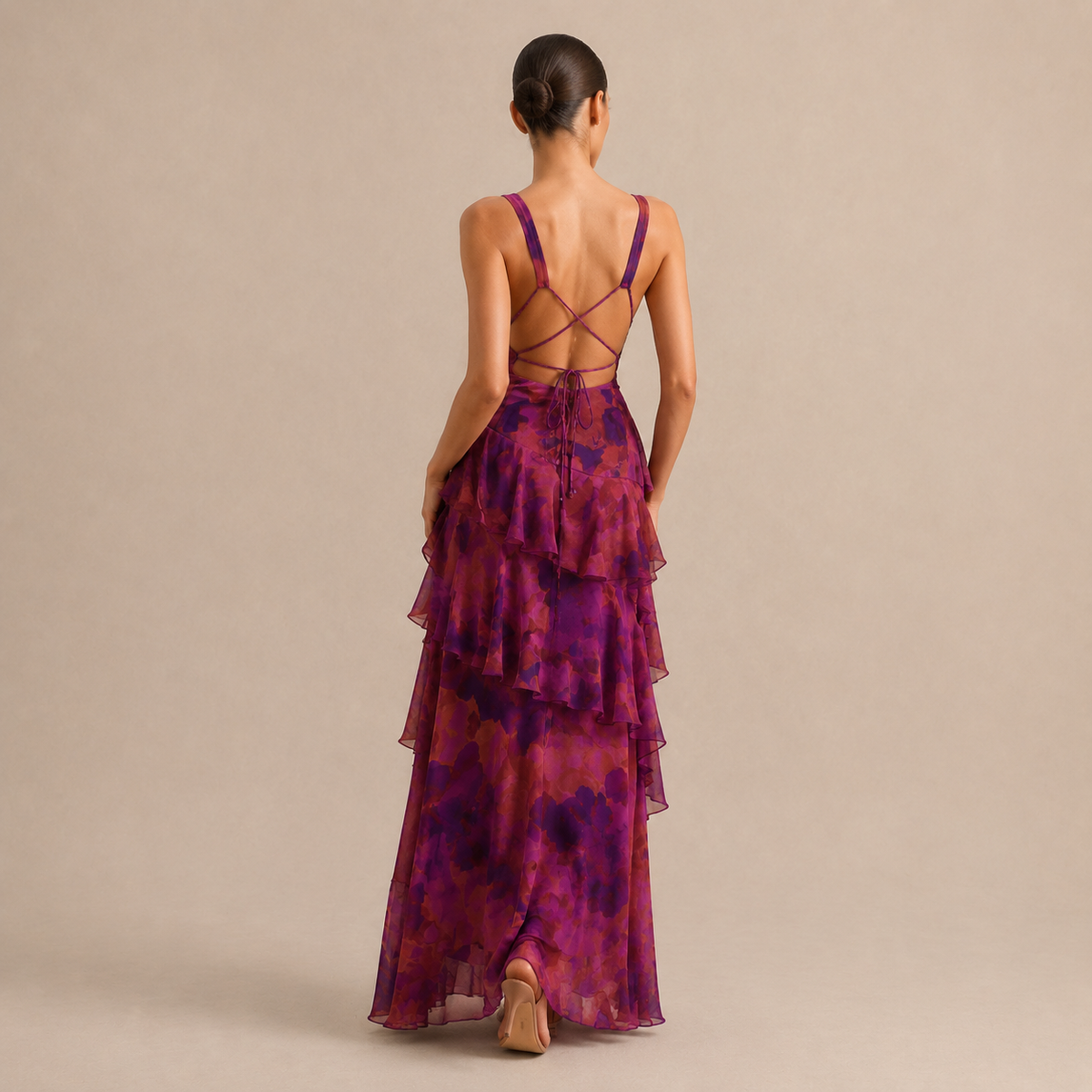 Floral Deep V-Neck Sleeveless Tiered Ruffle Maxi Dress 9