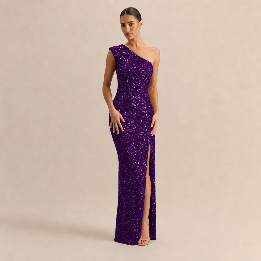 Sequin One Shoulder High Split Column Maxi Gown 16