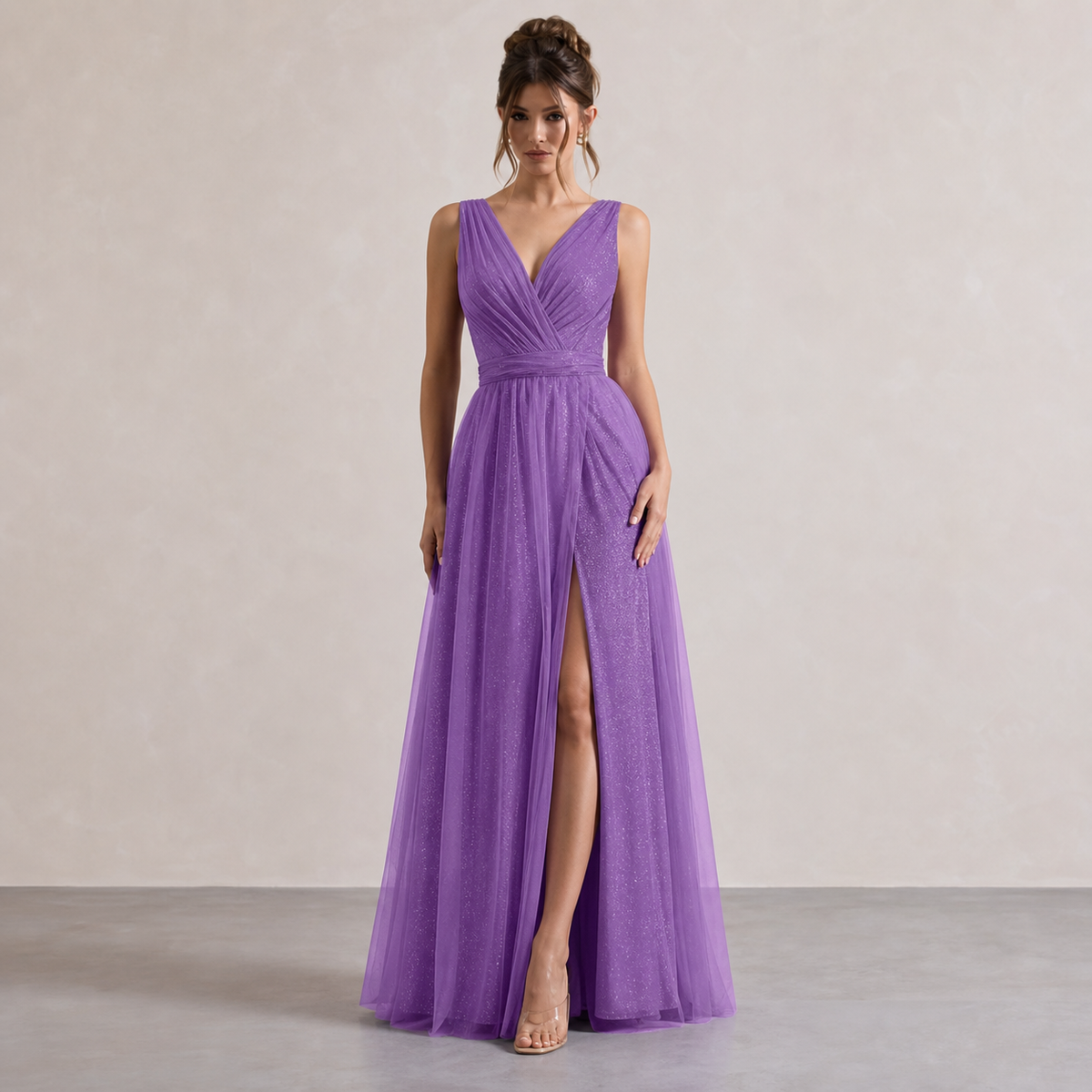 V-Neck Sleeveless Glitter High Split A-Line Maxi Gown 16