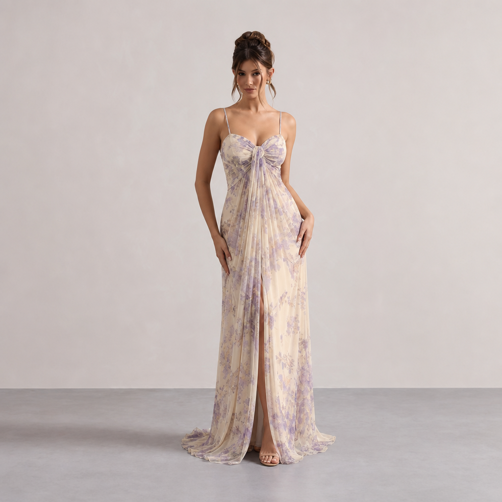 Floral Sweetheart Twist Front High Split Maxi Gown