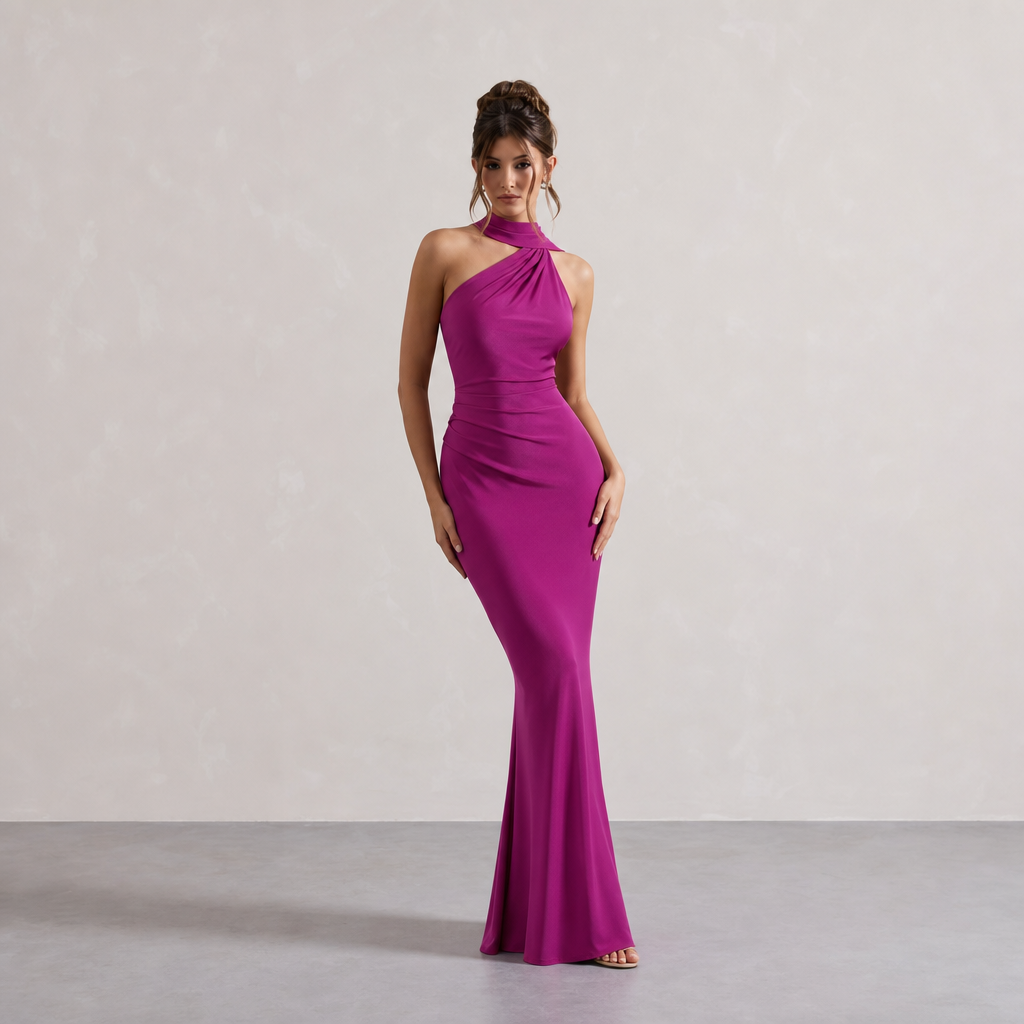 Asymmetric Halter Neck Ruched Mermaid Maxi Dress 7