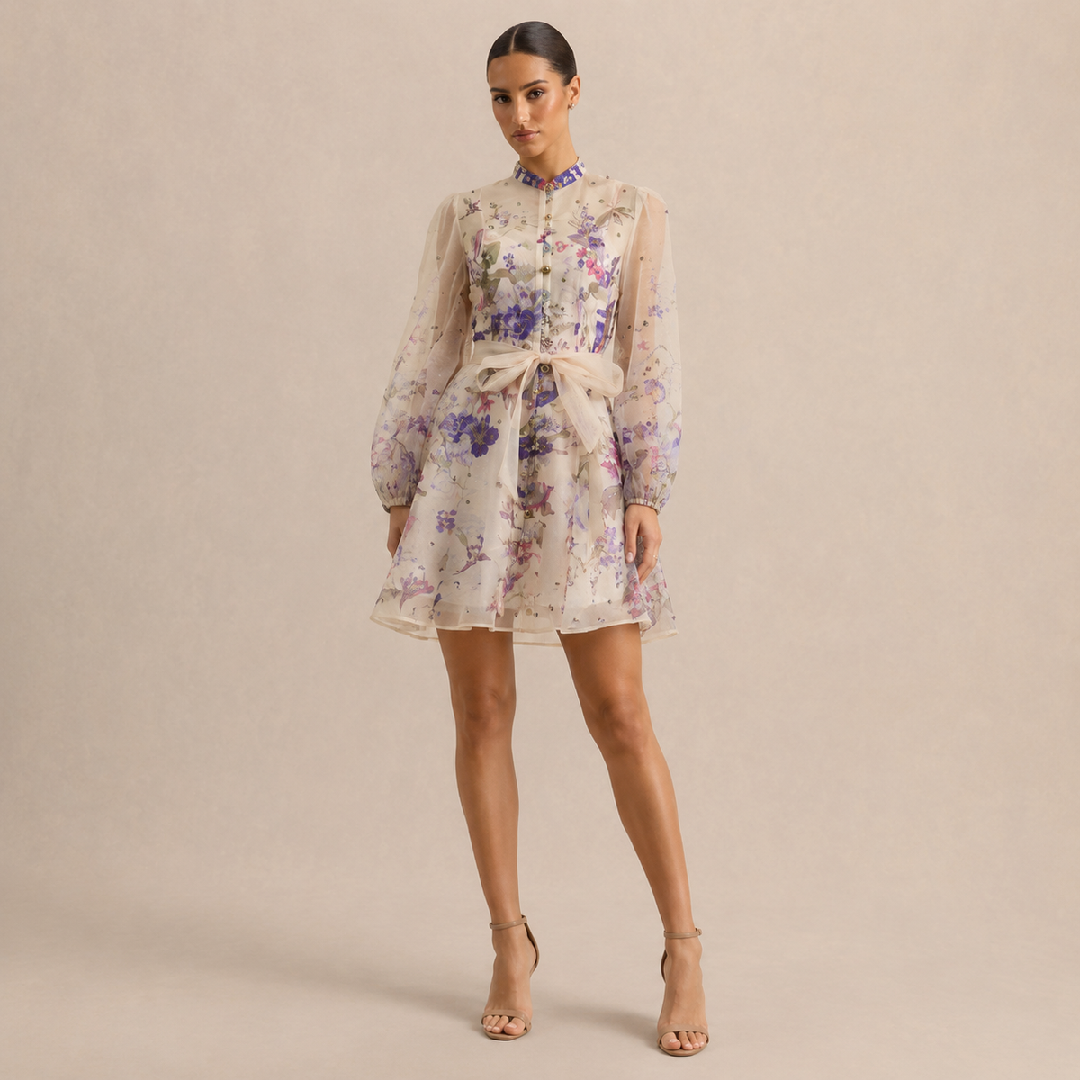 Floral High Neck Long Sleeve Belted Sheer Mini Dress 13