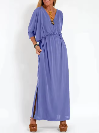 V-Neck Batwing Sleeve Elastic Waist Pocket Maxi Dress 6