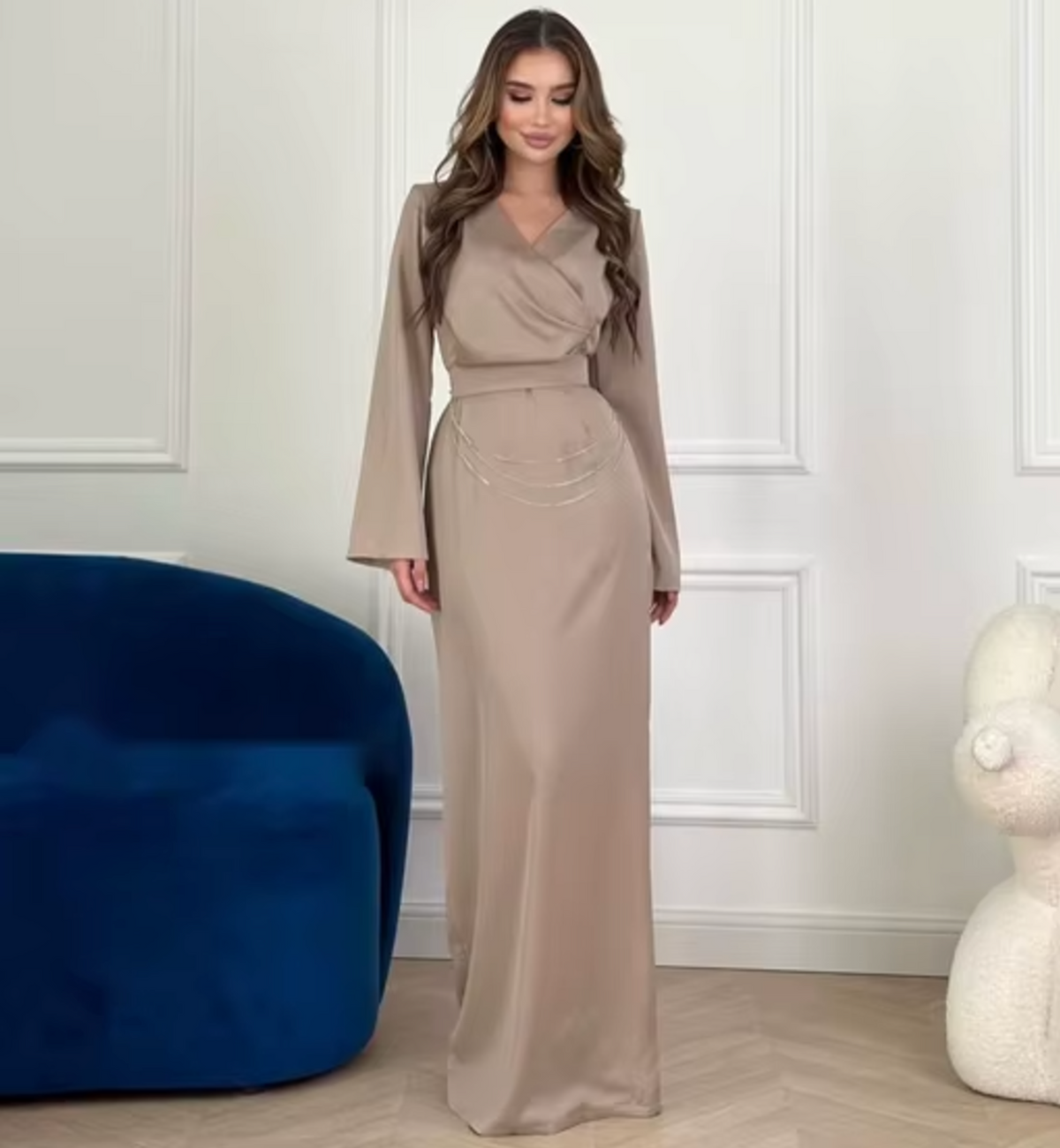 Wrap V-Neck Bell Sleeve Rhinestone Chain Midi Dress - View 2