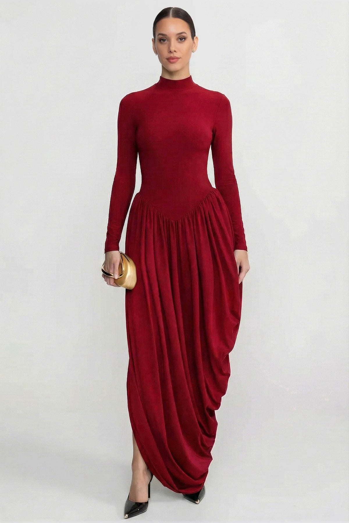 Long Sleeve Maxi Dress With Draped Skirt - Red