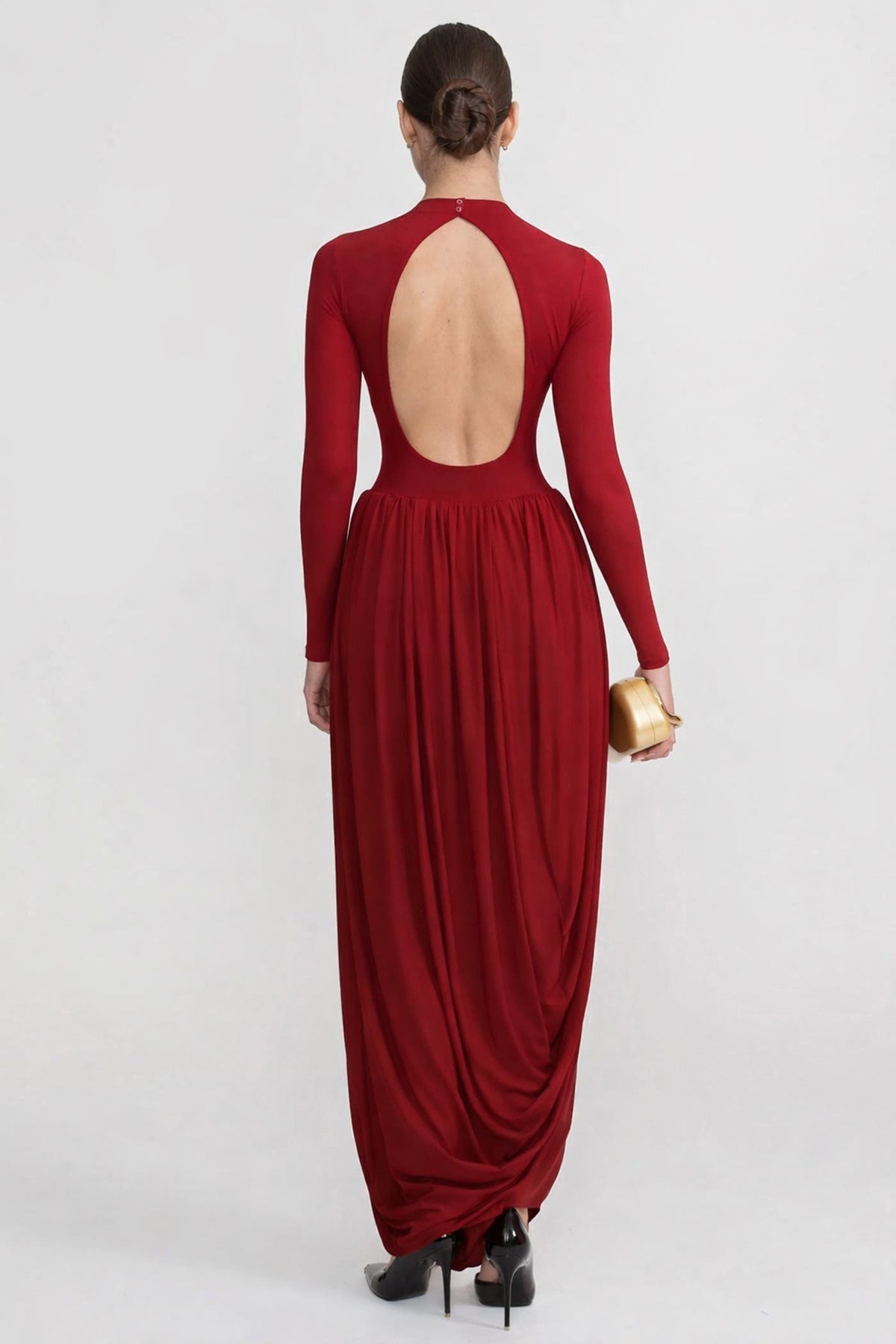 Long Sleeve Maxi Dress With Draped Skirt - Red - View 3