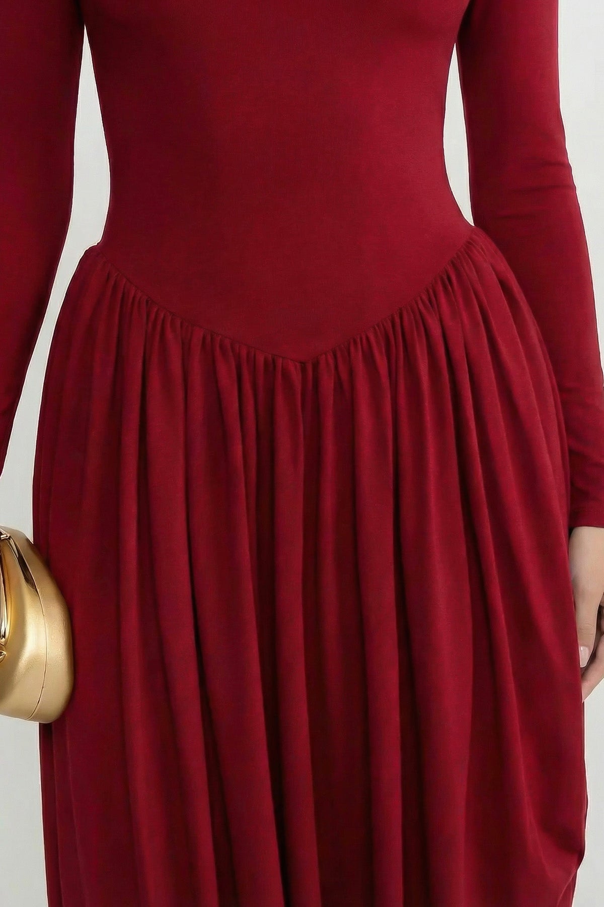 Long Sleeve Maxi Dress With Draped Skirt - Red - View 4