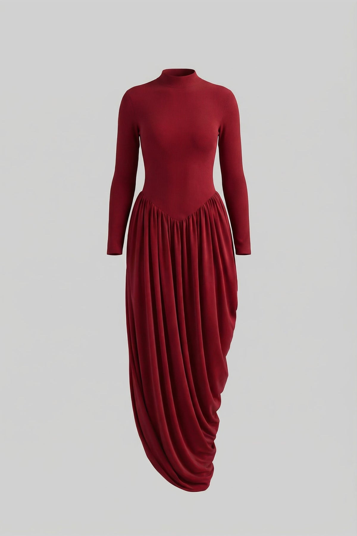 Long Sleeve Maxi Dress With Draped Skirt - Red - View 2