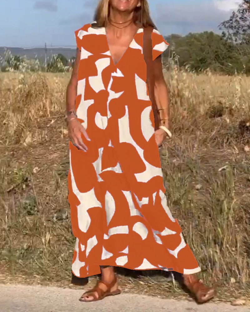 V-Neck Abstract Geometric Print Short Sleeve Kaftan Maxi Dress - View 18