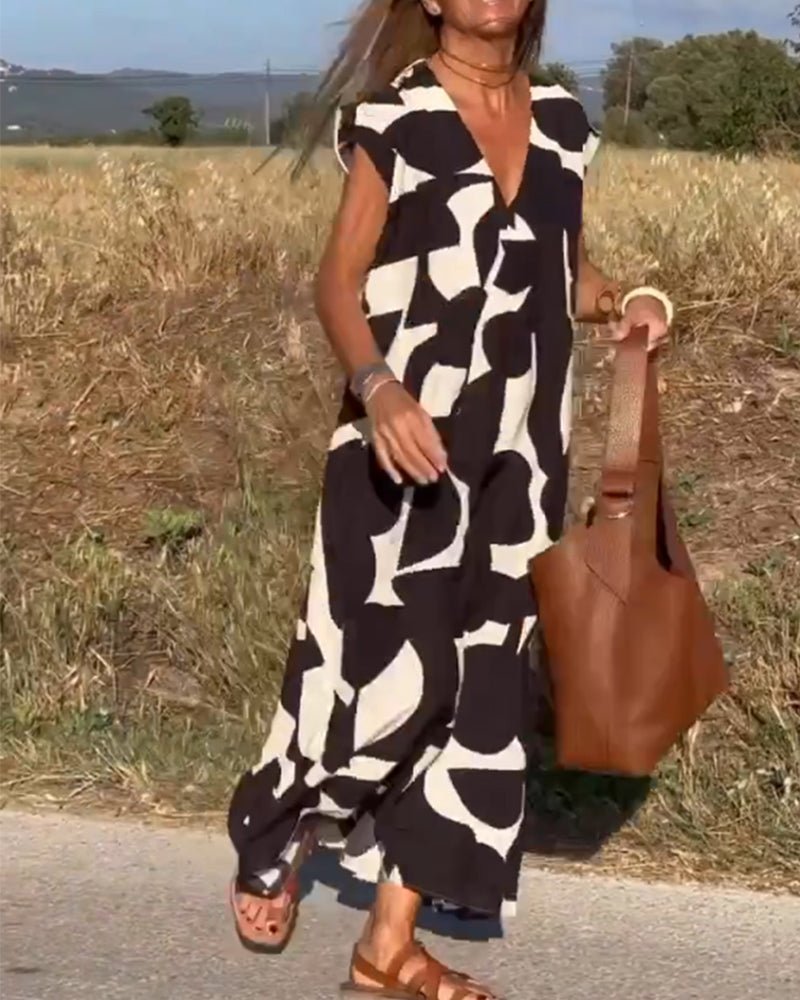 V-Neck Abstract Geometric Print Short Sleeve Kaftan Maxi Dress - View 7