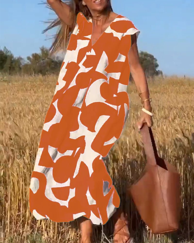 V-Neck Abstract Geometric Print Short Sleeve Kaftan Maxi Dress - View 15